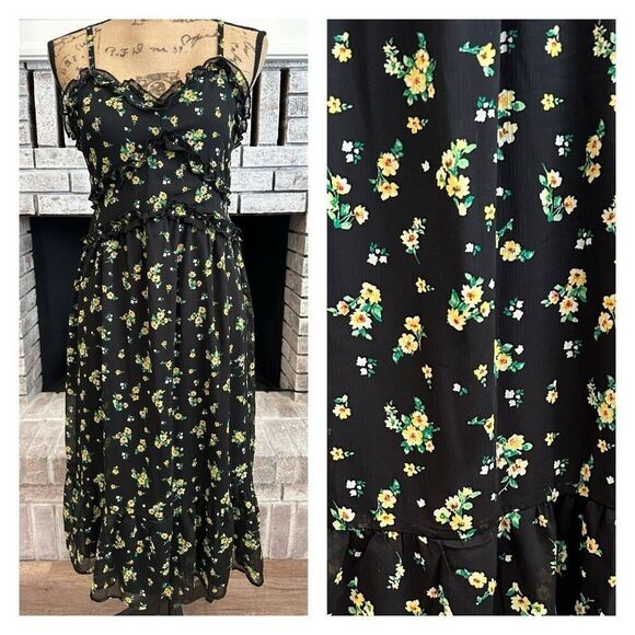 NWT No Boundaries Cottage Core Floral Midi dress Medium Peasant Ruffled Tiered - Picture 1 of 11